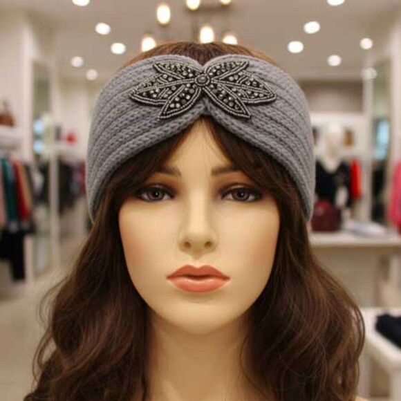 2/$21 Ladies Grey Floral Headband - Ladies Gray Winter Flower Ear Warmer - Picture 1 of 7
